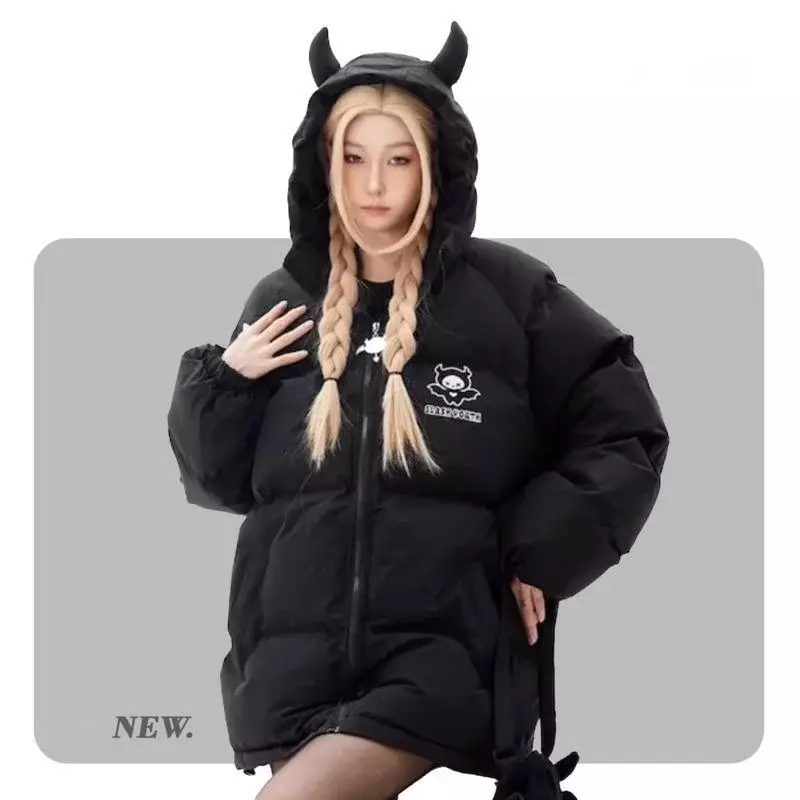 High Streetr Little Devil Cartoon Parker Coat With Wings And Tail Creative Winter Warm Down Jacket Loose Hooded Bubble Coat
