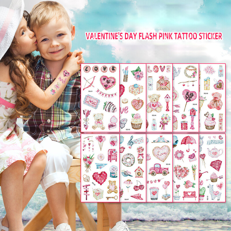 Paquete de 10 pegatinas de tatuajes falsos, Tatuajes Temporales para el Día de San Valentín, brazos, arte corporal DIY, colección de dibujos animados, corazón rojo, amor, flor rosa
