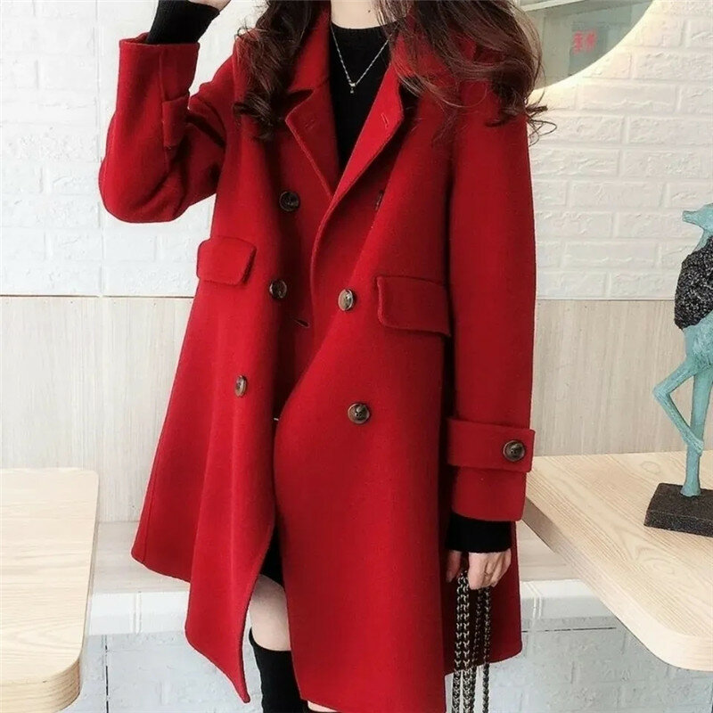 Chic Double-Breasted Woolen Jacket Female Korean Casual Women's Autumn Winter Coat Elegant Red Woolen Windbreaker Outerwear NEW