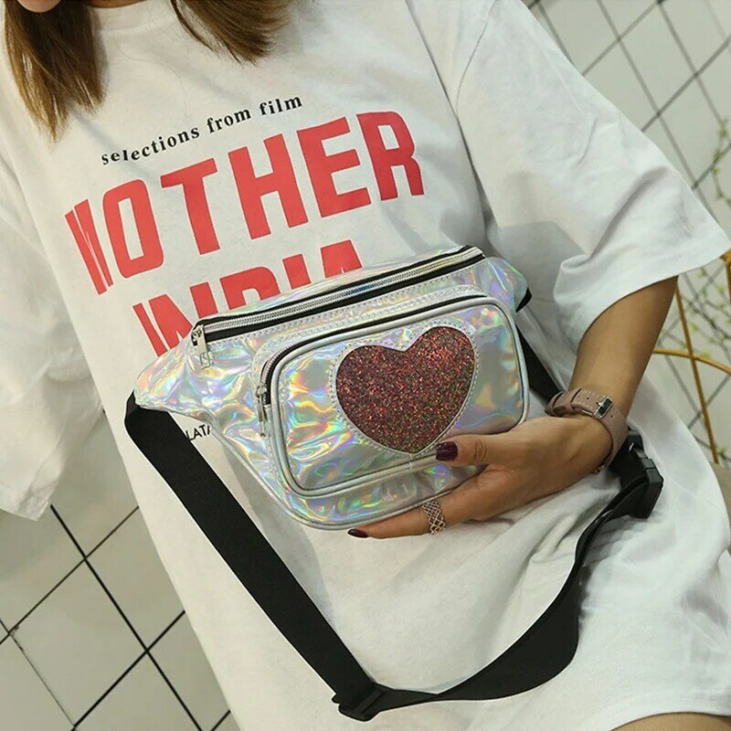 Holographic Pack Cute Iridescent Waist Bag Heart Sequin Rainbow Bum Bag With Adjustable Belt For Party Festival Rave