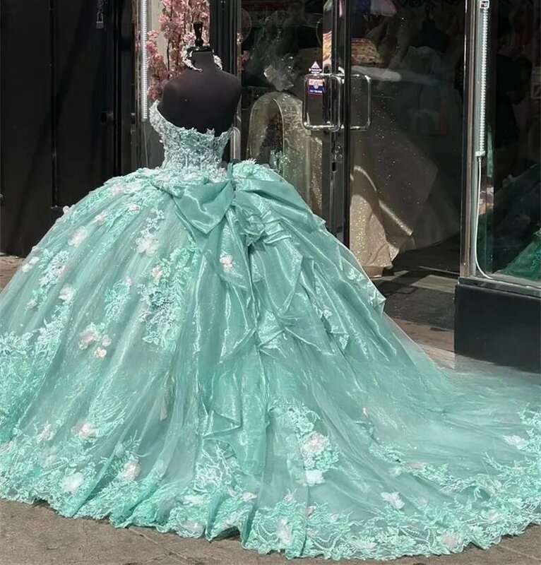 Vestidos de Quinceañera de princesa Verde menta, vestido de baile, escote Corazón, apliques dulces 16, 15 Años, personalizado