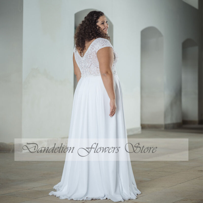 Classic Plus Größe Hochzeit Kleider V-ausschnitt Mit Kurzen Ärmeln Braut Kleid Chiffon A-linie Bodenlangen Vestidos De Novia Para Grande