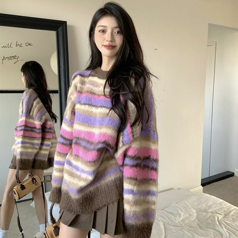 Sweter Modis Korea 2023 Sweter Panjang Medium Bergaris Antik untuk Wanita Sweter Pullover Lembut Lilin Lembut Atasan J103