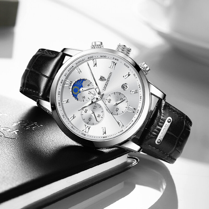 LIGE-Relógio de quartzo cronógrafo impermeável masculino, relógio de couro, relógio esportivo masculino, casual, marca de topo, luxo, caixa incluída
