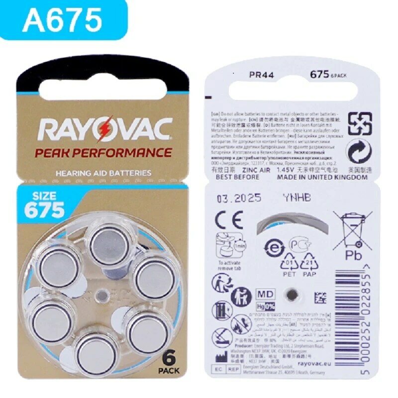 Hearing Aid Battery 60PCS / 10 Cards RAYOVAC PEAK Zinc Air Battery For BTE CIC RIC OE Hearing Aids Batteries 675A A675 675 PR44