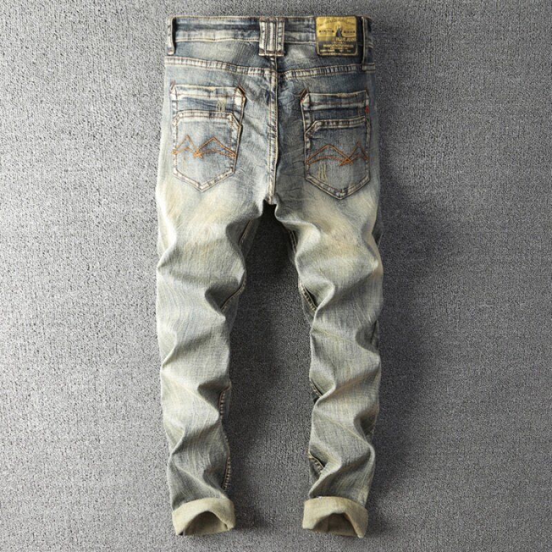 Calça jeans masculina clássica retrô lavada, marca de moda high-end, americana, fina, reta, esticada, de motocicleta, apertado