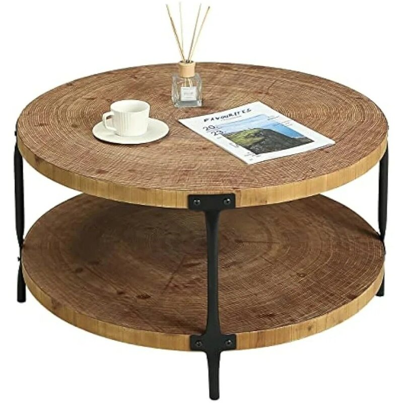 ファームハウス天然円形木製コーヒーテーブル、2層コーヒーテーブル、リビングルーム家具、天然木の色、31.5インチ