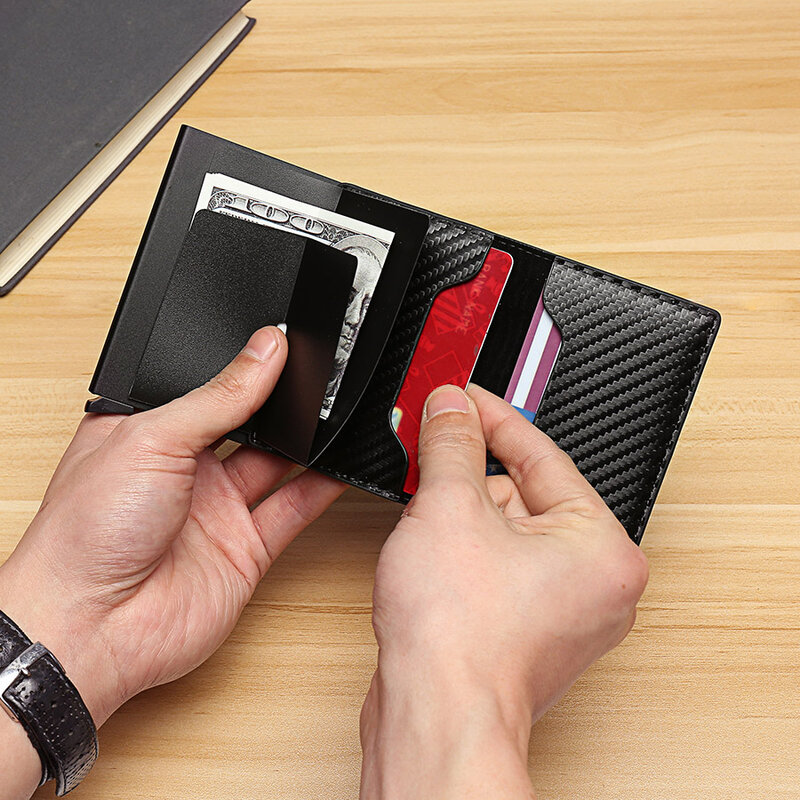 Tarjetero de fibra de carbono para hombre, billetera pequeña de cuero con triple pliegue mágico negro, Rfid