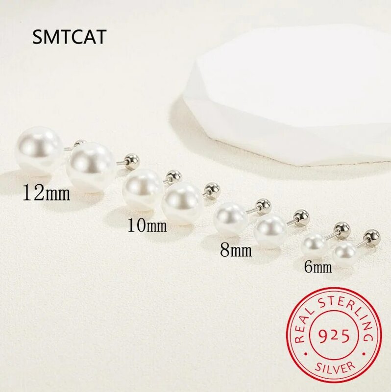 Pendientes de plata de ley 925 auténtica para mujer, aretes redondos geométricos de perlas de 6/8/10/12mm, accesorios de joyería fina a la moda