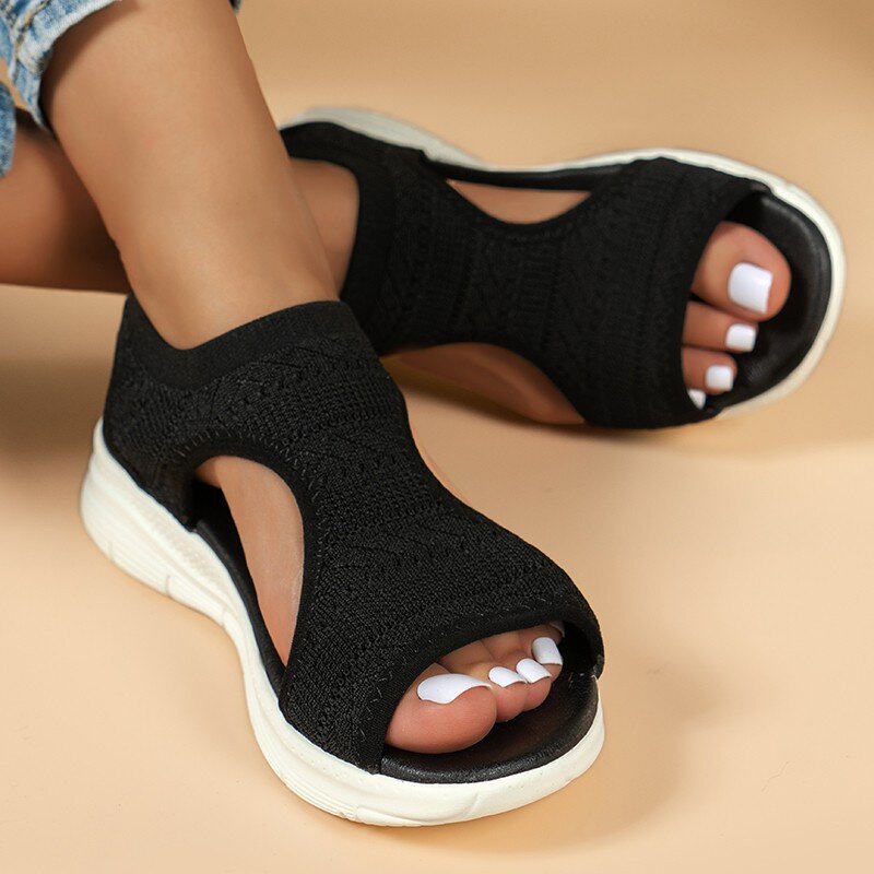 Sandálias de plataforma feminina em malha, salto baixo tamanho grande, sapatos de praia casuais, verão, 2022