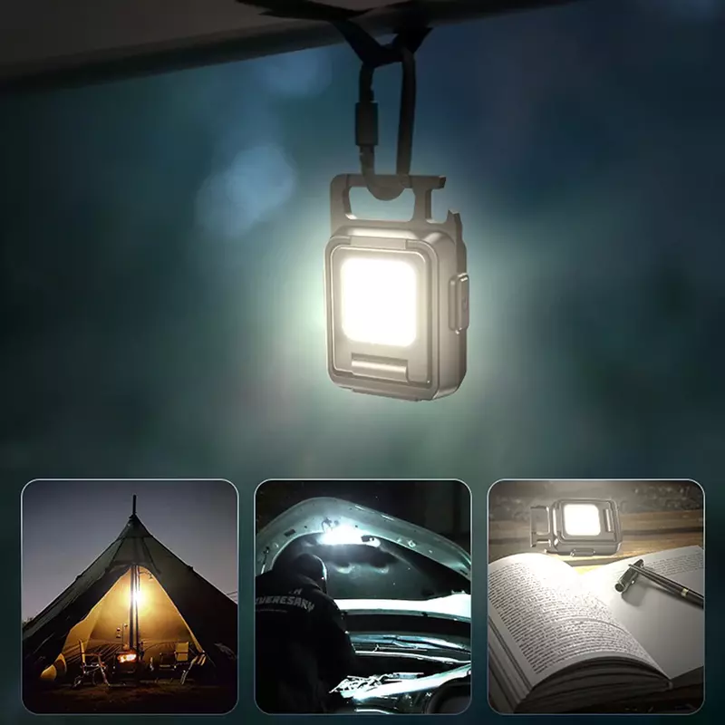 Mini Chaveiro Lanterna LED, Outdoor Camping Work Light, Tocha recarregável USB, Lanterna portátil multifuncional com ímã