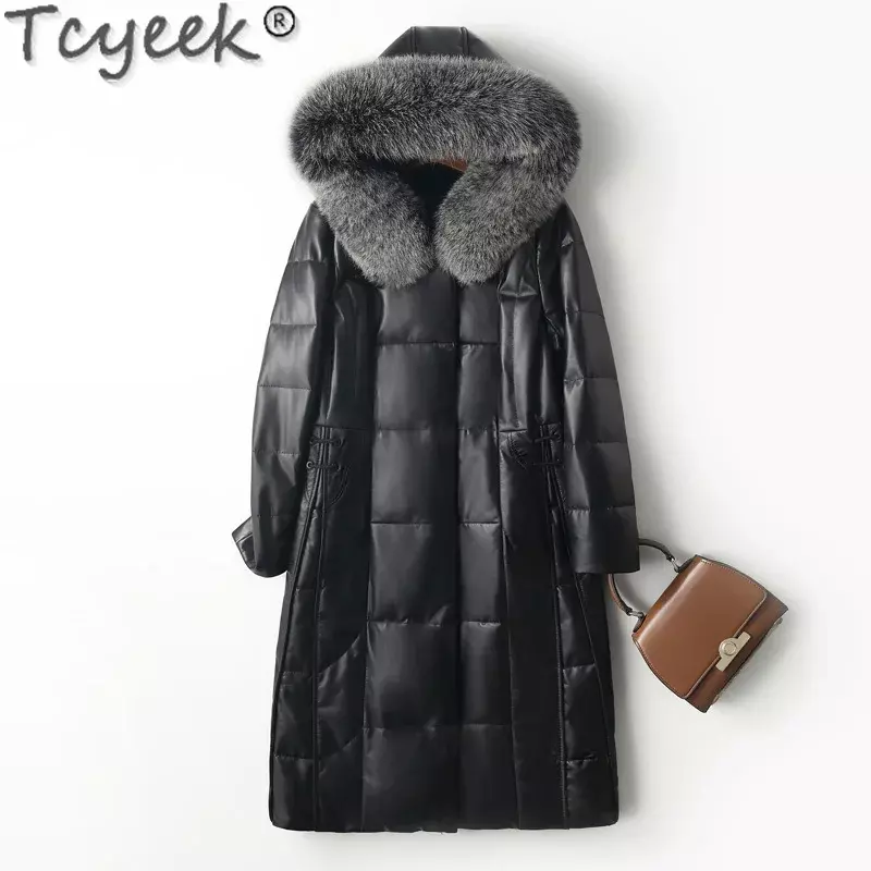 Tcyeek gola de pele de raposa casaco de inverno roupas femininas jaqueta de couro genuíno feminino casaco de pele com capuz engrossar quente para baixo jaqueta