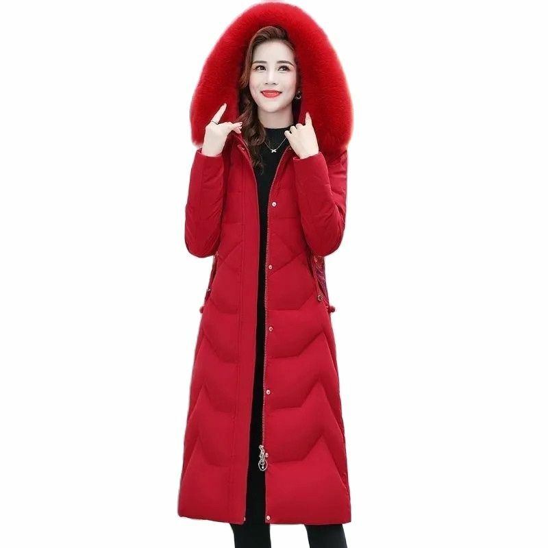 2023 New Down Cotton-Padded Jacket Women's Long Over-The-Knee Slim Padded Long Embroidered Coat Tide With Large Fur Collar