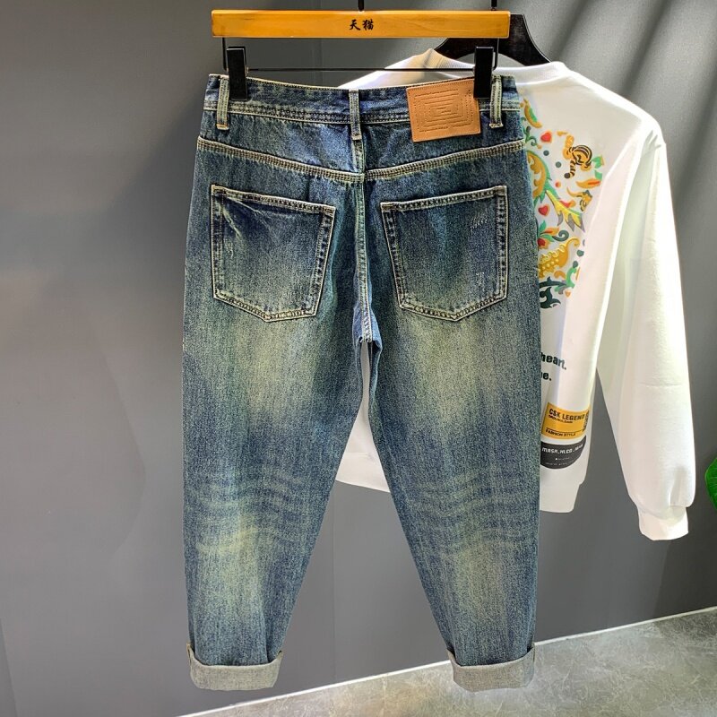Jeans Harlan solto personalizado masculino, remendo na moda, retrô angustiado, marca da moda, rua alta, calças compridas, me, novo, primavera e outono