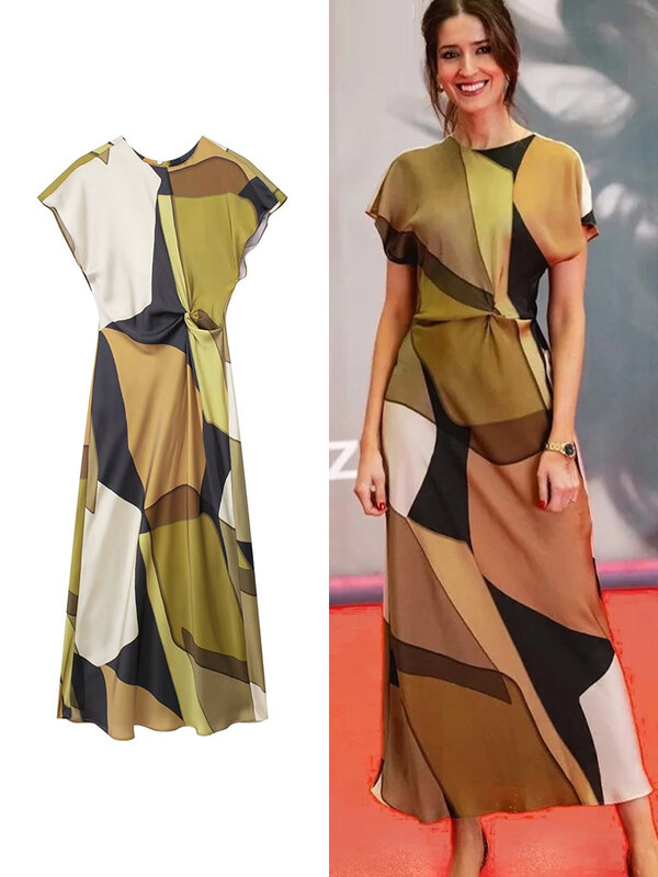 TRAF Elegant Women Printed Mid-Calf Dress 2024 Summer O-neck Short Sleeve Causal Dress Fashion Vinatge Ladies Beach Style Dress