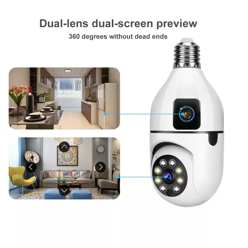 WiFi 5MP 4K E27 Bulb Panoramic Camera Dual Lens Indoor Surveillance Full Color Night Vision Wireless 8X Zoom Camera Home Monitor