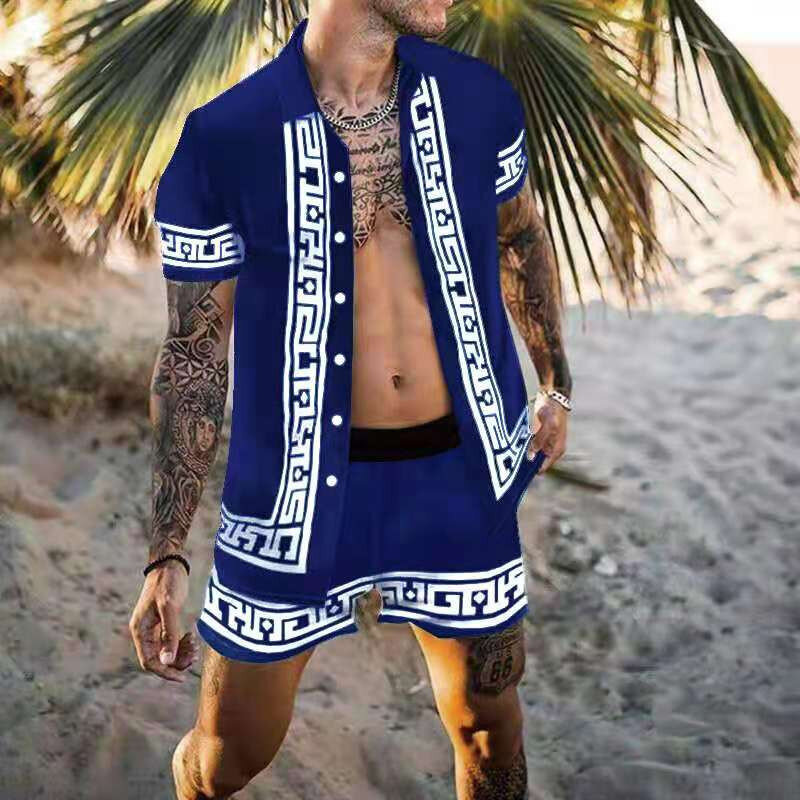 Summer beach casual loose print two-piece shirt beach set for men