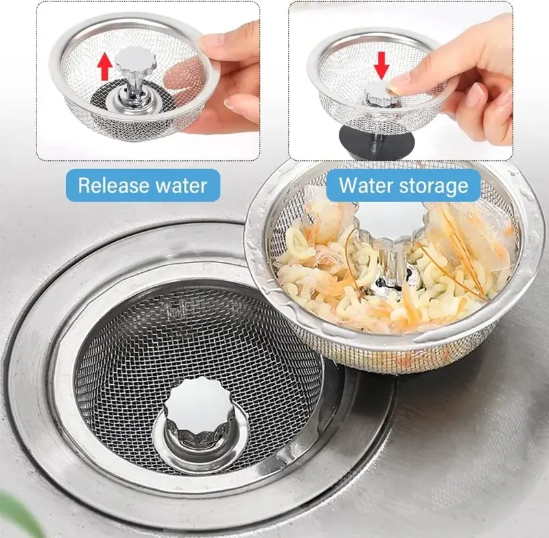 Kitchen Sink Strainer with Handle & Stopper Replacement Sink Drain Basket Stainless Steel Mesh Filter Strainers Waste Hole Trap