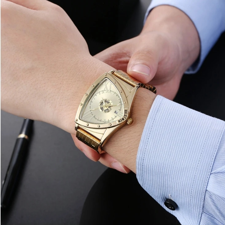 Relógio esportivo de quartzo triangular masculino, relógios de primeira classe, relógio, dourado, impermeável, negócios, pulseira inoxidável