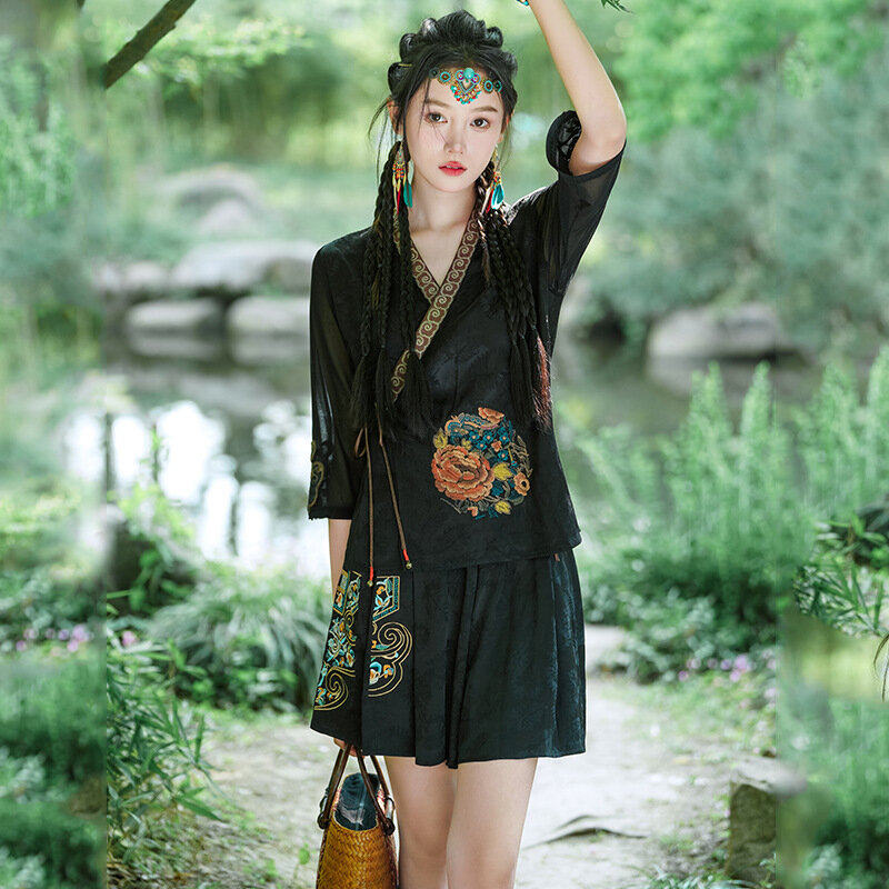 Ethnic Style Tang Suit Top A-Line Shorts Chinese Traditional Improved Hanfu Retro Embroidery Cardigan Elegant Classical Clothing