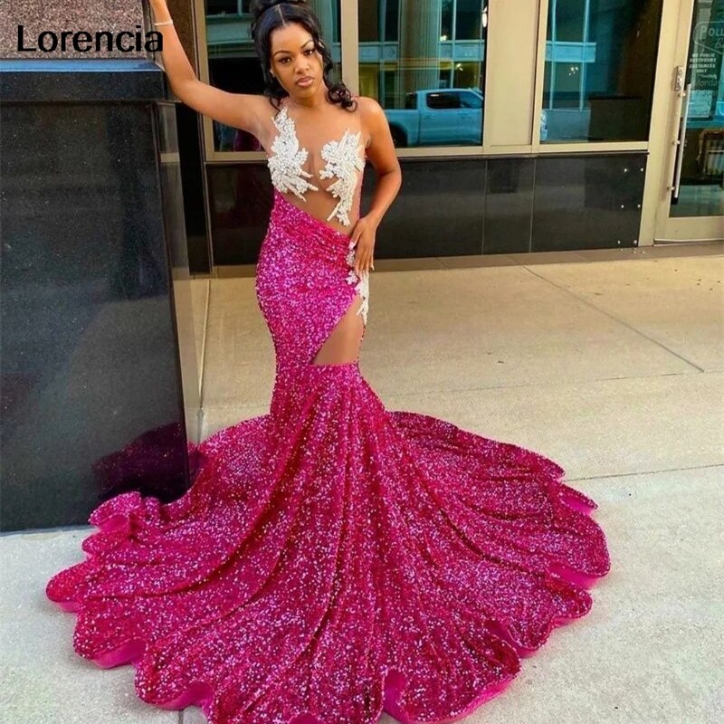 Lorencia brokatowa Memaid z cekinami fuksji sukienka na studniówkę 2024 formalnych suknia na przyjęcie urodzinowe dla czarnej dziewczyny afrykańskiej Vestidos De Festa YPD39