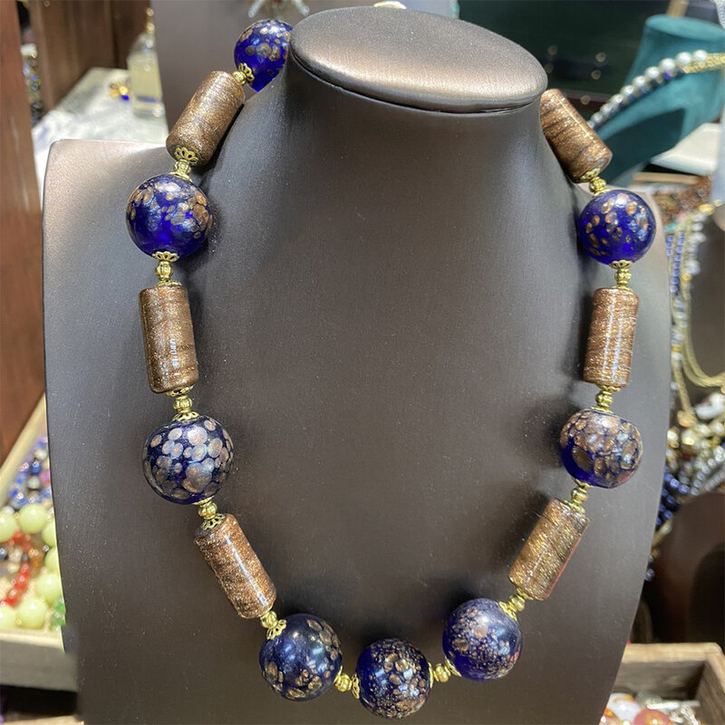 Kalung kaca biru temperamen Senior wanita, aksesori perhiasan pesta hadiah anak perempuan