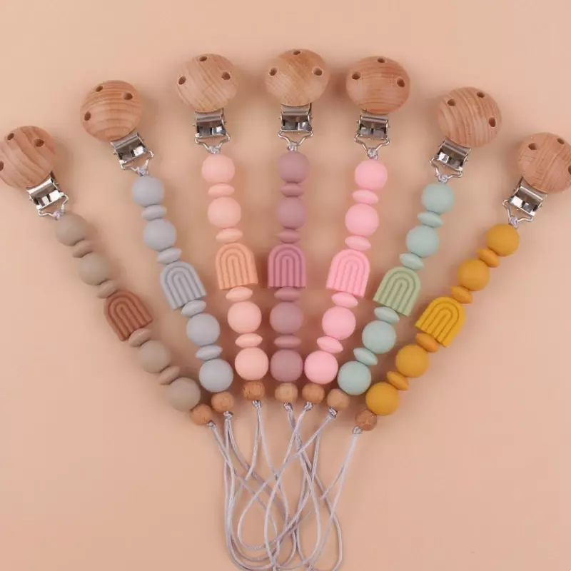 Silicone Rainbow Bead Pacifier Clips Wood Chew Dummy Chain Holder Newborn Soother Chains Nipple Holder Baby Teething Toys Gifts