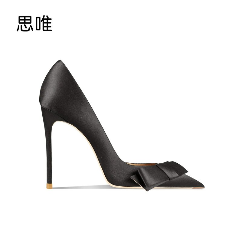 Женские атласные туфли-лодочки, черные вечерние туфли на высоком каблуке с острым носком и бантом, 2022
