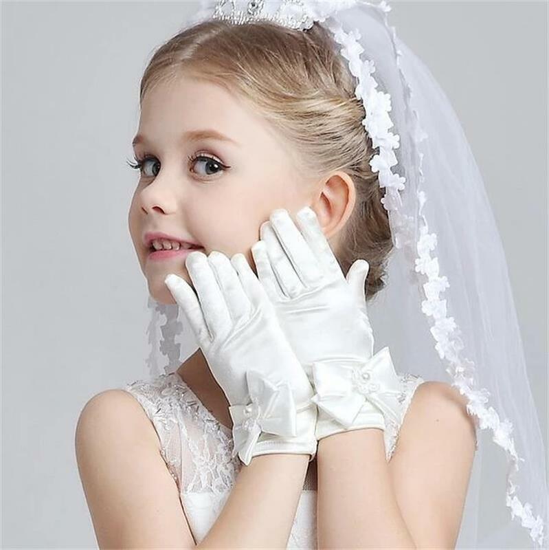 ถุงมือเด็กหญิงสีขาว Bowknot นักเรียนประสิทธิภาพพิธีเครื่องประดับอุปกรณ์เสริม