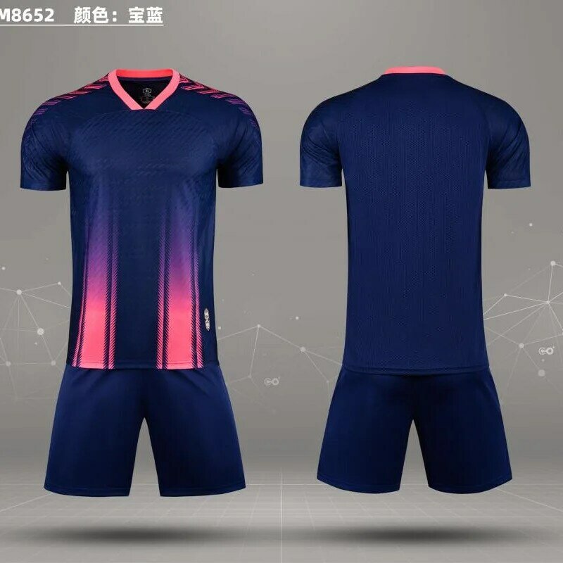 Ropa de fútbol de marca de verano, camiseta de manga corta personalizada, conjunto de pantalones cortos, modelo 8652, azul, rojo y blanco, 23-24
