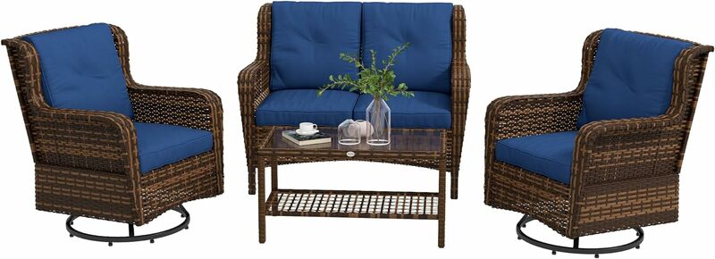 4 Piece PE Rattan Outdoor Patio Furniture Set, Wicker Conversation Set with 2 Swivel Rocking Chairs, 2-Tier Glass Table