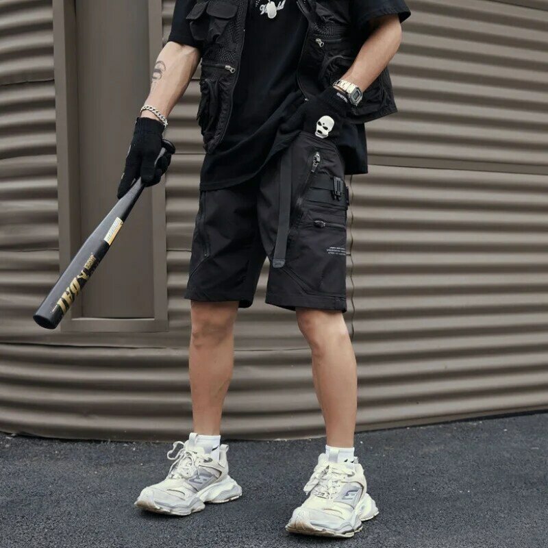2024 Summer Men Multi-pocket Zipper Design Tactical Cargo Shorts Y2K High Street Techwear Style Cropped Pants pantalones cortos