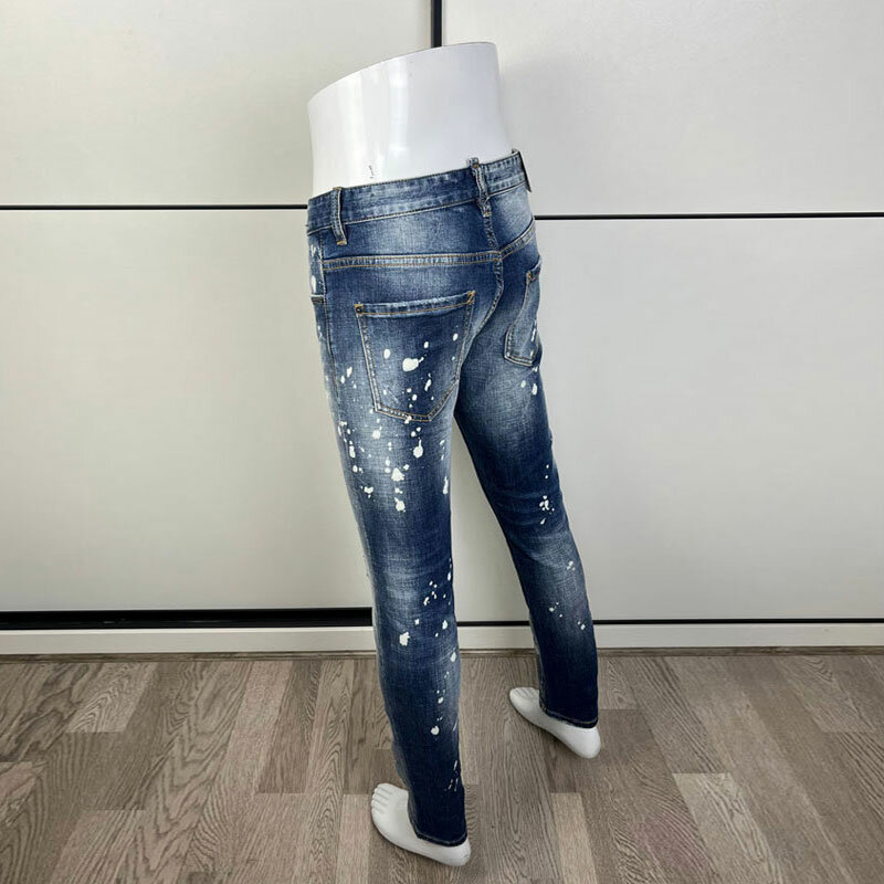 Uliczne modne dżinsy męskie wysokiej jakości niebieskie w stylu Retro elastyczne Slim Fit Vintage porwane jeansy męskie malowane markowe markowe spodnie Hombre