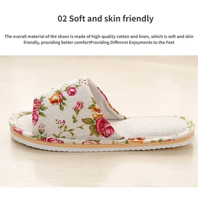 Floral Slippers Women Autumn Cute Home Linen Couples Indoor House Non Slip Funny Sandals Cartoon Kawaii Cat Shoes Flat Flax