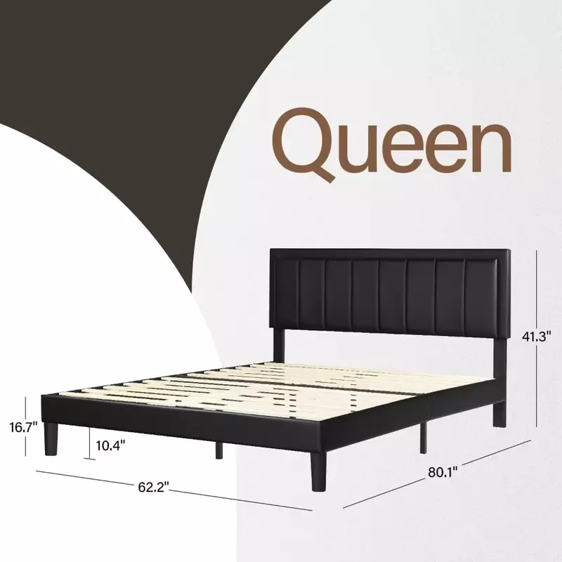 Rangka tempat tidur Platform dengan bantalan kepala berlapis kain kulit imitasi dan penyangga bilah kayu, rangka platform dasar kasur tugas berat