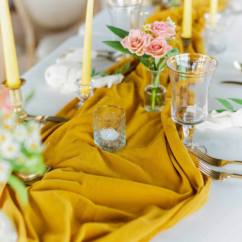Camino de mesa amarillo de gasa para boda, camino de mesa bohemio hecho a mano, color mostaza