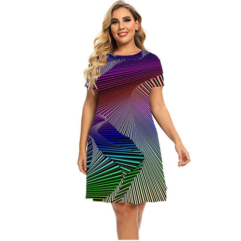 Elegant Rainbow Gradient 3D Print Dress New Women 2023 Fashion Geometry Graph Short Sleeve Dress Summer Plus Size Clothing 6XL