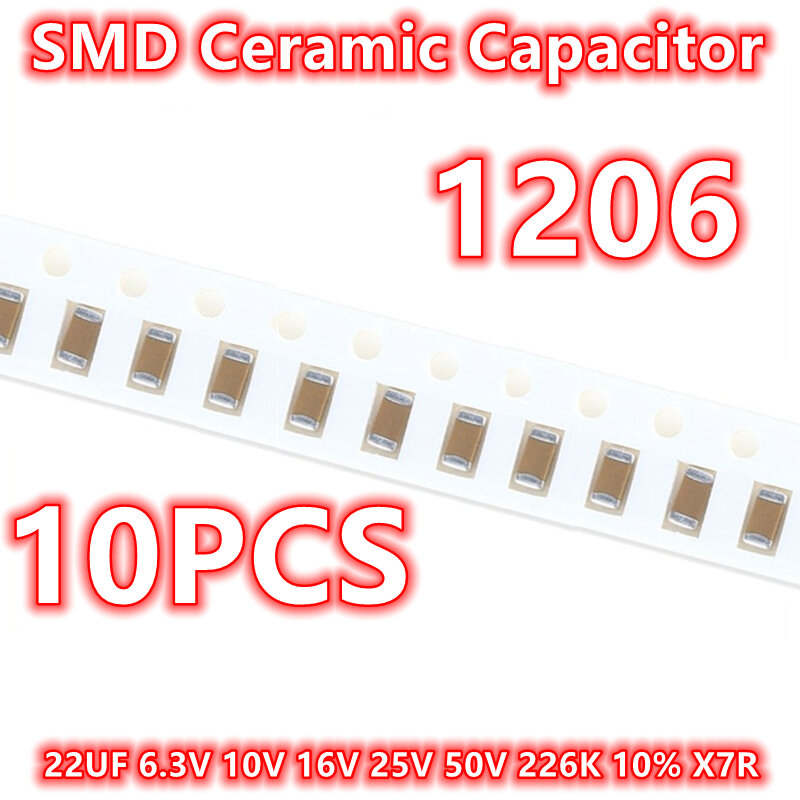 Capacitor cerâmico original de SMD, 1206, 22UF, 6.3V, 10V, 16V, 25V, 50V, 226K, 10%, X7R, 10 PCes