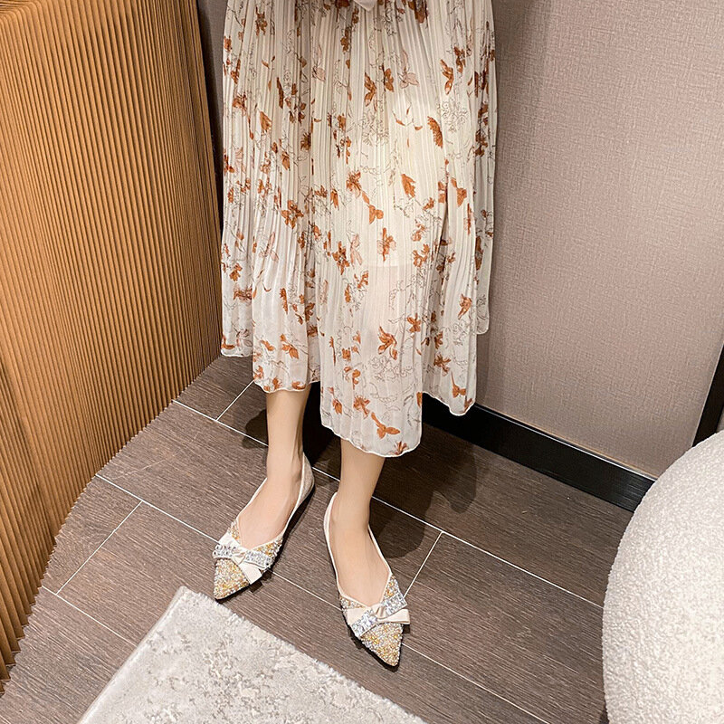 Zapatos planos puntiagudos para Mujer, calzado cómodo con lazo grande y diamantes, De lujo, 43