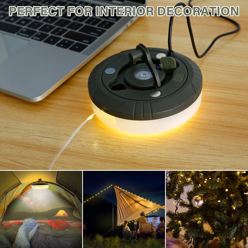 Recarregável Outdoor String Lights para Camping, 5 modos de iluminação, Impermeável, 33Ft LED, Luzes de tenda, 2000mAh