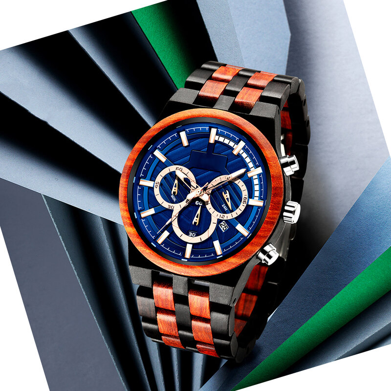 Jam tangan pria, kayu tahan air jam tangan kuarsa, Multifungsi panggilan besar bercahaya display analog jam tangan kalender hadiah terbaik untuk pria