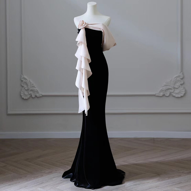 Женское платье-русалка в пол, черное платье с цветочным принтом, без рукавов, без бретелек, облегающее длинное платье для выпускного вечера