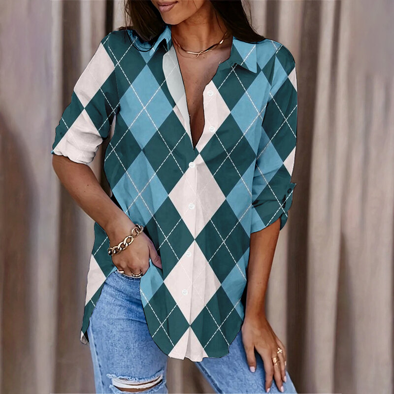 Женская рубашка с геометрическим принтом, элегантная офисная универсальная рубашка на пуговицах с длинным рукавом, новинка 2024