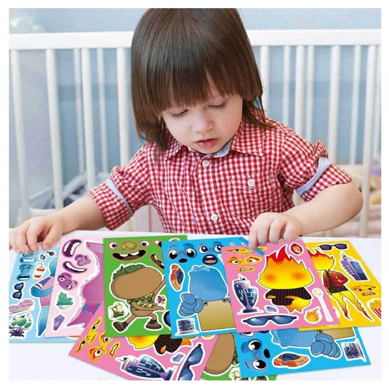 6/12 lembar Kawaii film Disney Elemental kartun stiker Puzzle anak membuat wajah stiker permainan merakit Jigsaw stiker pendidikan