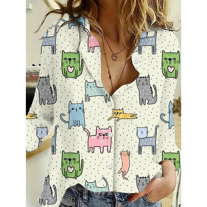 Camisas con estampado de gato para mujer, blusa informal de manga larga con botones, ropa para verano, 5XL, 2024