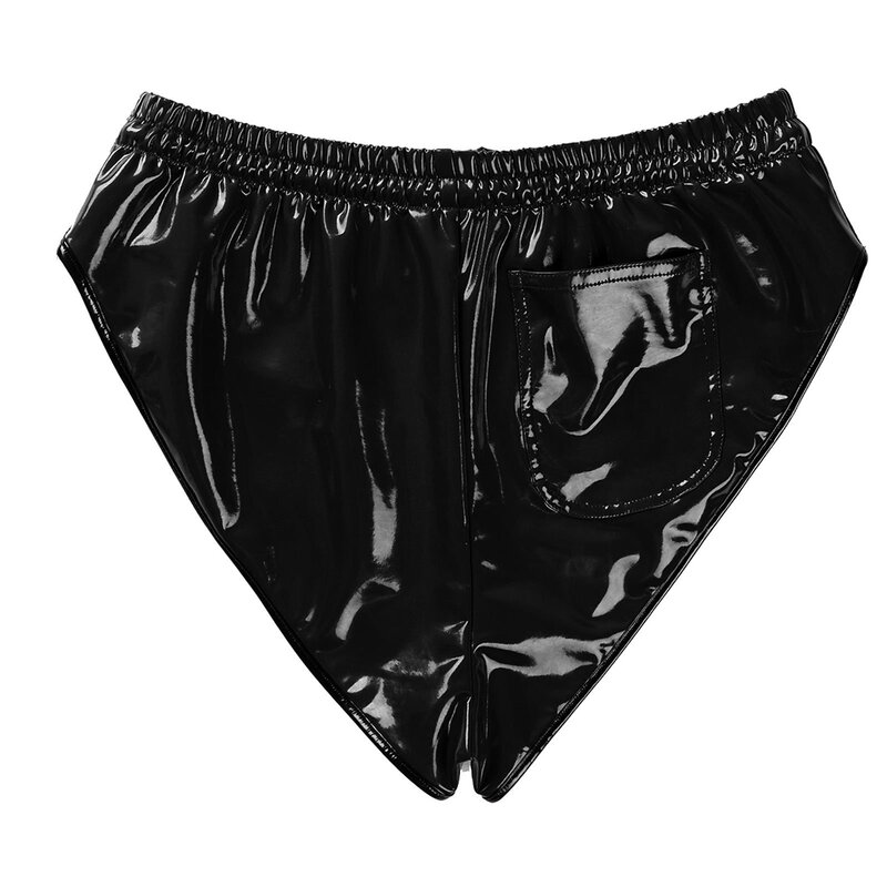 女性のためのセクシーな光沢のあるPUレザーパンティー,黒いブリーフ,エキゾチックなひも,ポケット付きのGストリングランジェリー,女性のための下着