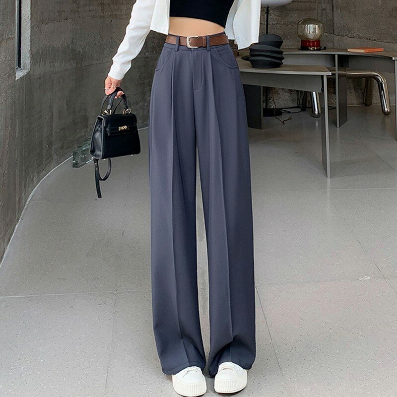 Женские прямые брюки с высокой талией, Новое поступление 2024, весенние однотонные базовые свободные строчки в Корейском стиле, W1733