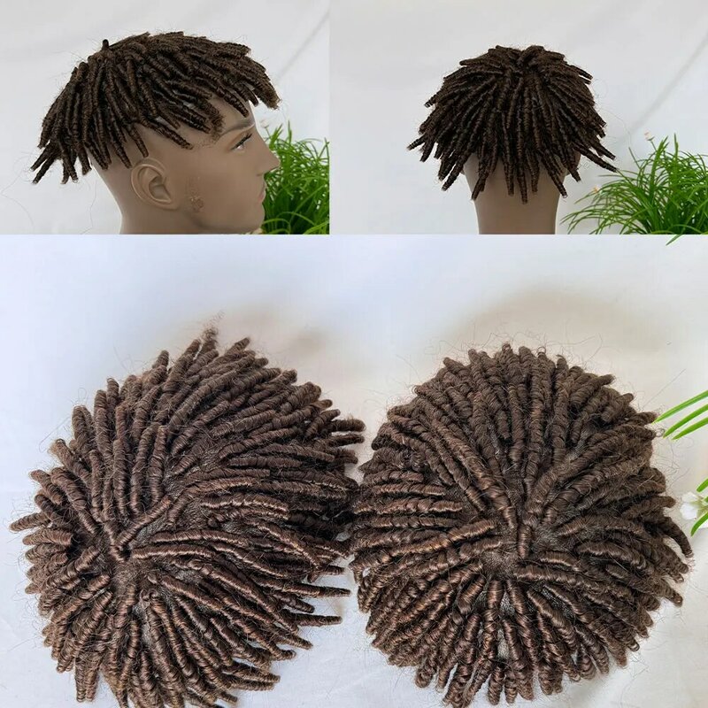 Męskie włosy Afro peruki z kręconymi włosami brązowe warkocze treska 100% ludzki włos tupecik zastępczy dla afroamerykanów 10x8 rozmiar podstawowy