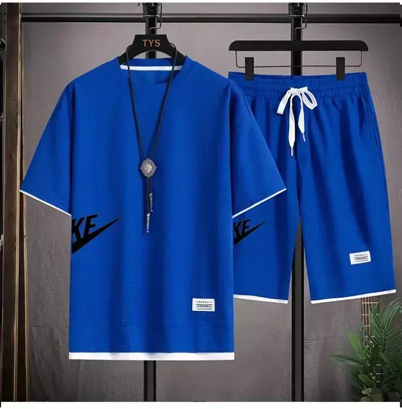 Set pakaian olahraga pria baru, kaos lengan pendek + celana pendek olahraga edisi Korea modis Musim Panas 2024