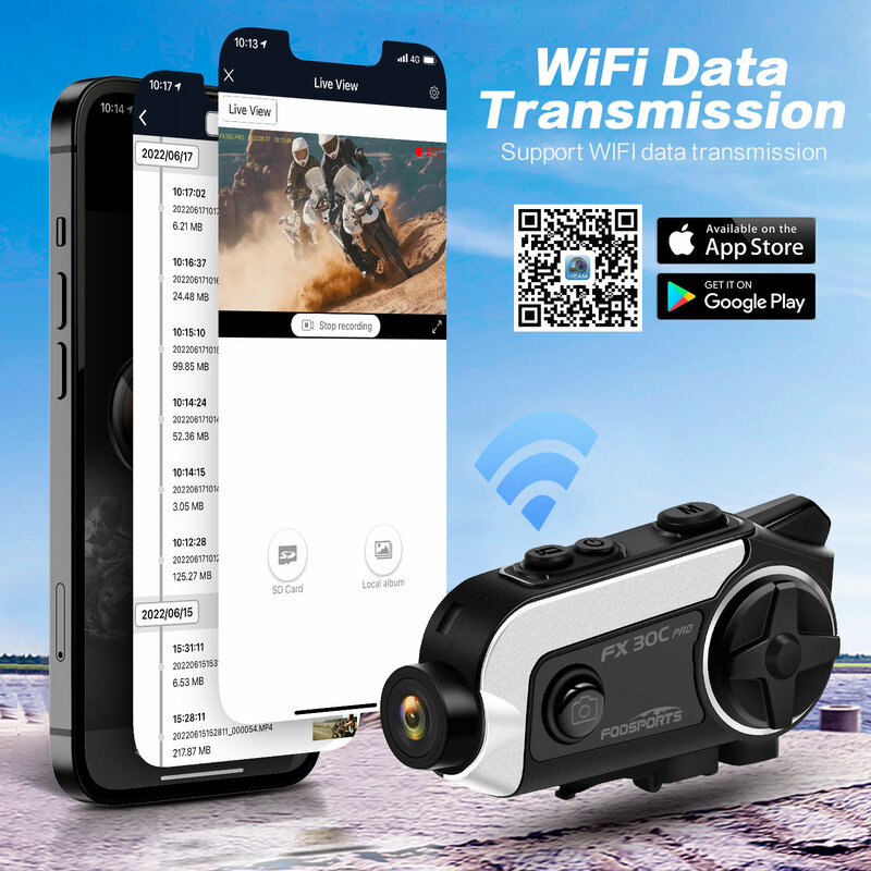 Fodsports FX30C Pro Motocicleta Intercomunicador Capacete Bluetooth Headset 1080P Gravador de Câmera de Vídeo Wifi, Suporte BT5.0, Rádio FM, Função de Compartilhamento de Música.